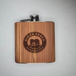 WOODCHUCK Niman Ranch Wood Wrapped Flask Stainless Steel 6 oz Laser Engraved EUC